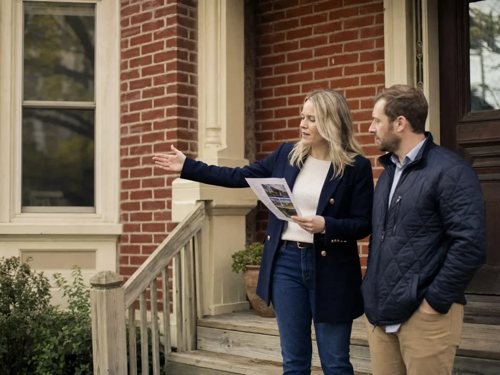 Two Estatelio agents on the front steps of a house, one gesturing toward the property while the other reads a printed listing sheet