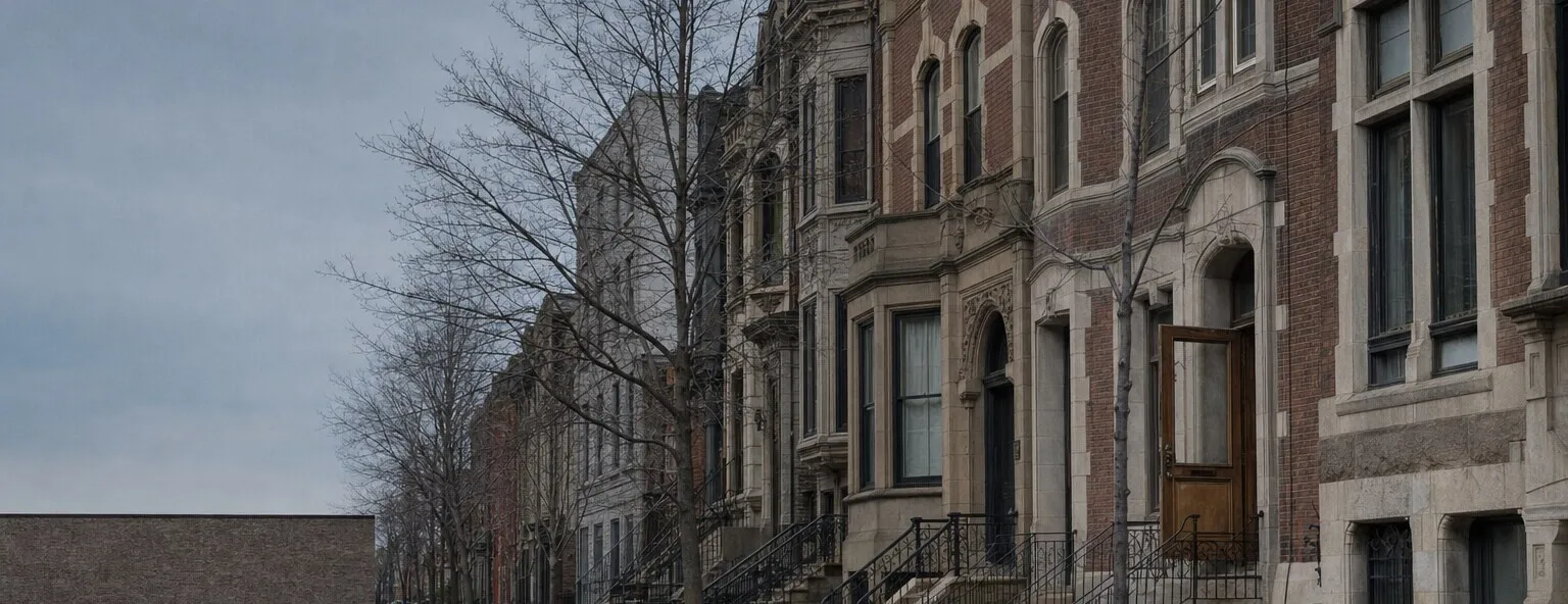 A residential row of older brick and stone townhouses with front steps and iron railings under an overcast sky