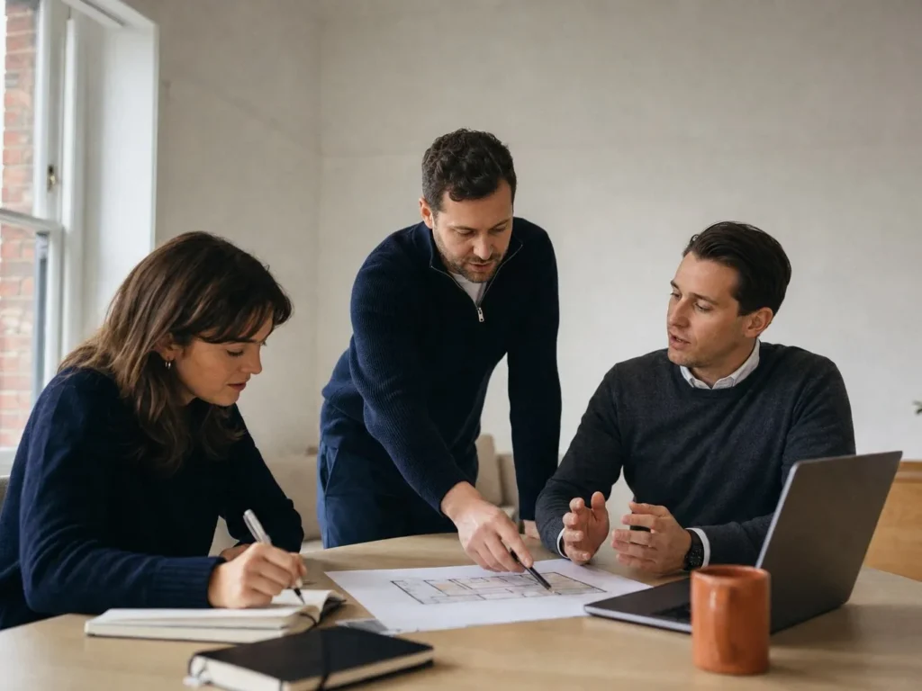 Three Estatelio colleagues around a table reviewing a floor plan and a laptop, one pointing out a detail while another takes notes
